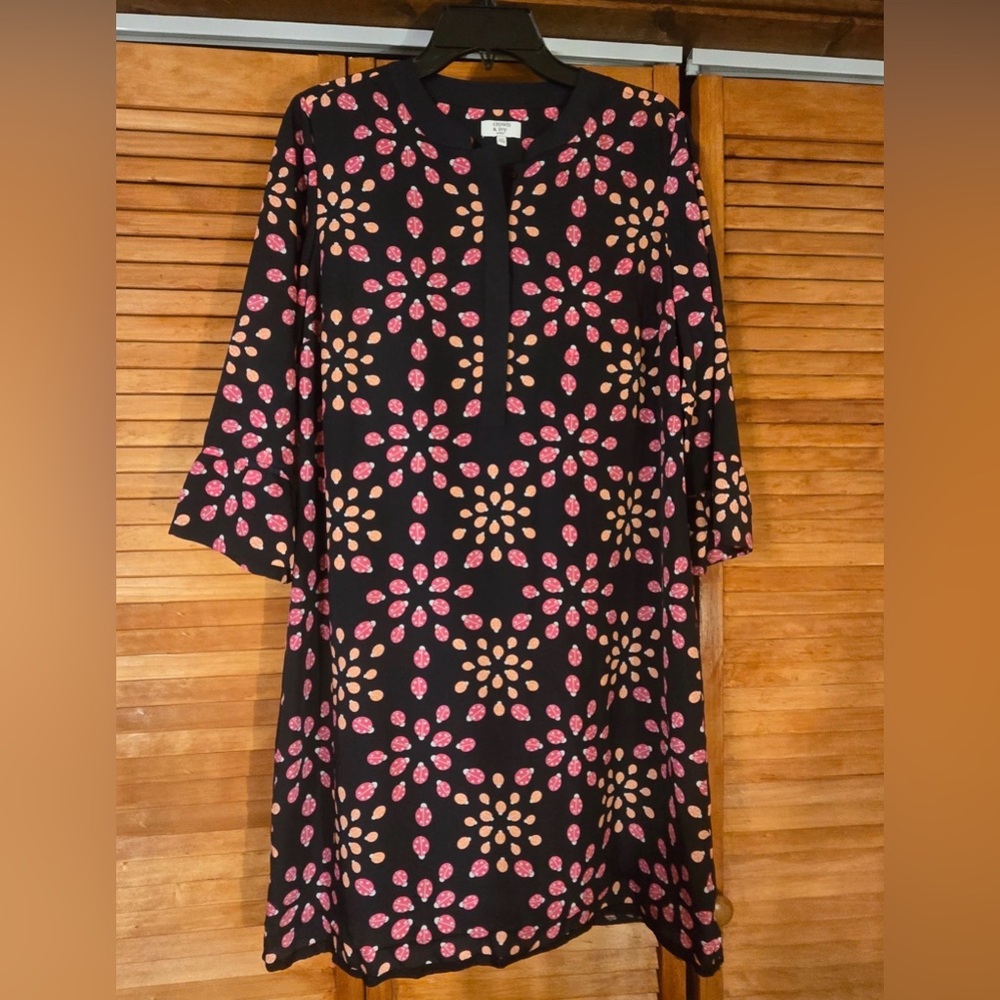 Navy Shift Dress with Pink Floral Pattern Ladybug Print 3/4 bell sleeves 12P